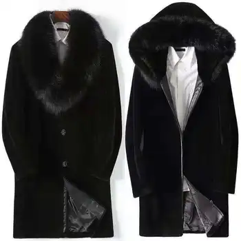 Norkový kožich pánské nové zimní dlouhé anti norkový kožich high-end zahuštěný trend s kapucí, ležérní velké kabát
